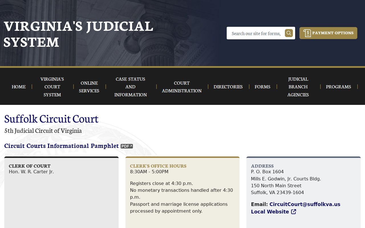 Official Suffolk Circuit Court page with clerk and court details