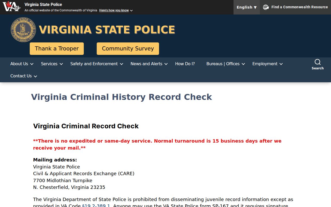 Suffolk criminal history Virginia State Police background check page