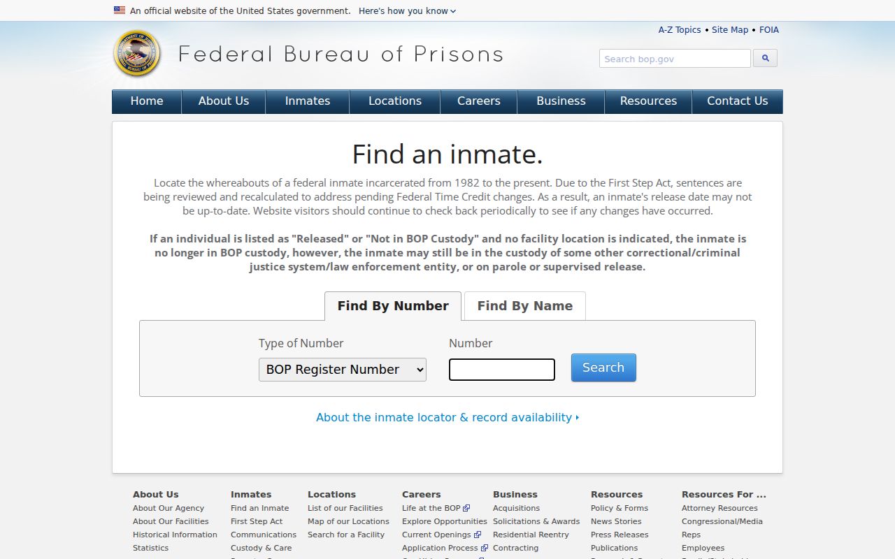 Federal Bureau of Prisons inmate locator showing the separate federal custody search used from Suffolk